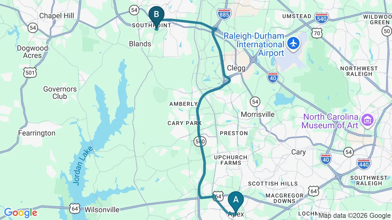 Driving directions map from Apex, NC to Complete Chiropractic Sports & Wellness in Durham