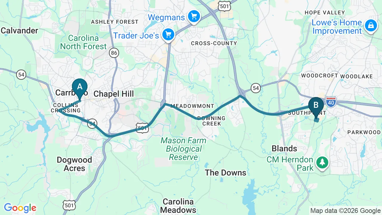 Driving directions map from Carrboro, NC to Complete Chiropractic Sports & Wellness in Durham