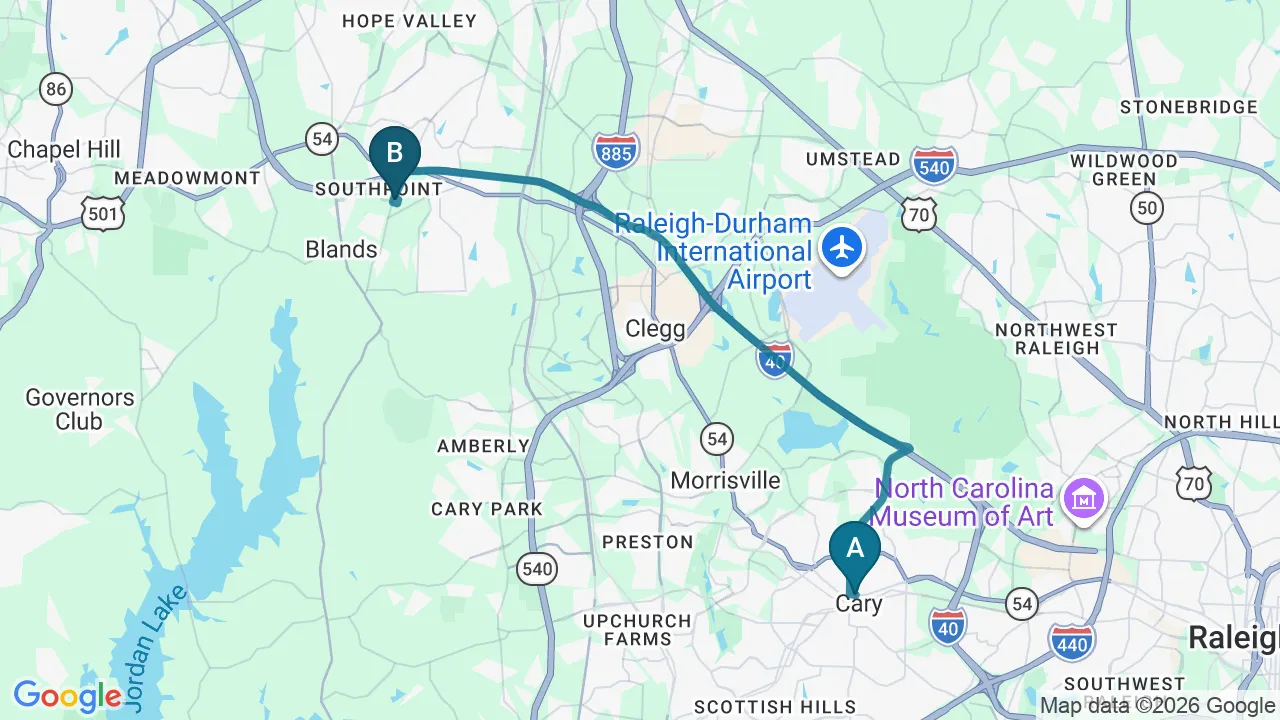 Driving directions map from Cary, NC to Complete Chiropractic Sports & Wellness in Durham