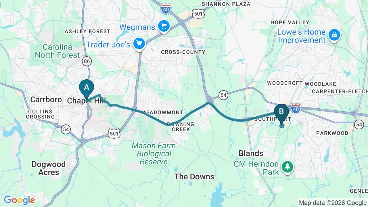 Driving directions map from Chapel Hill, NC to Complete Chiropractic Sports & Wellness in Durham