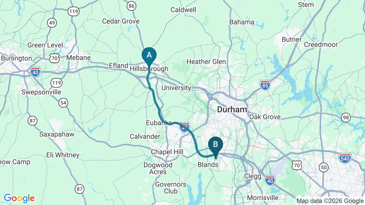 Driving directions map from Hillsborough, NC to Complete Chiropractic Sports & Wellness in Durham