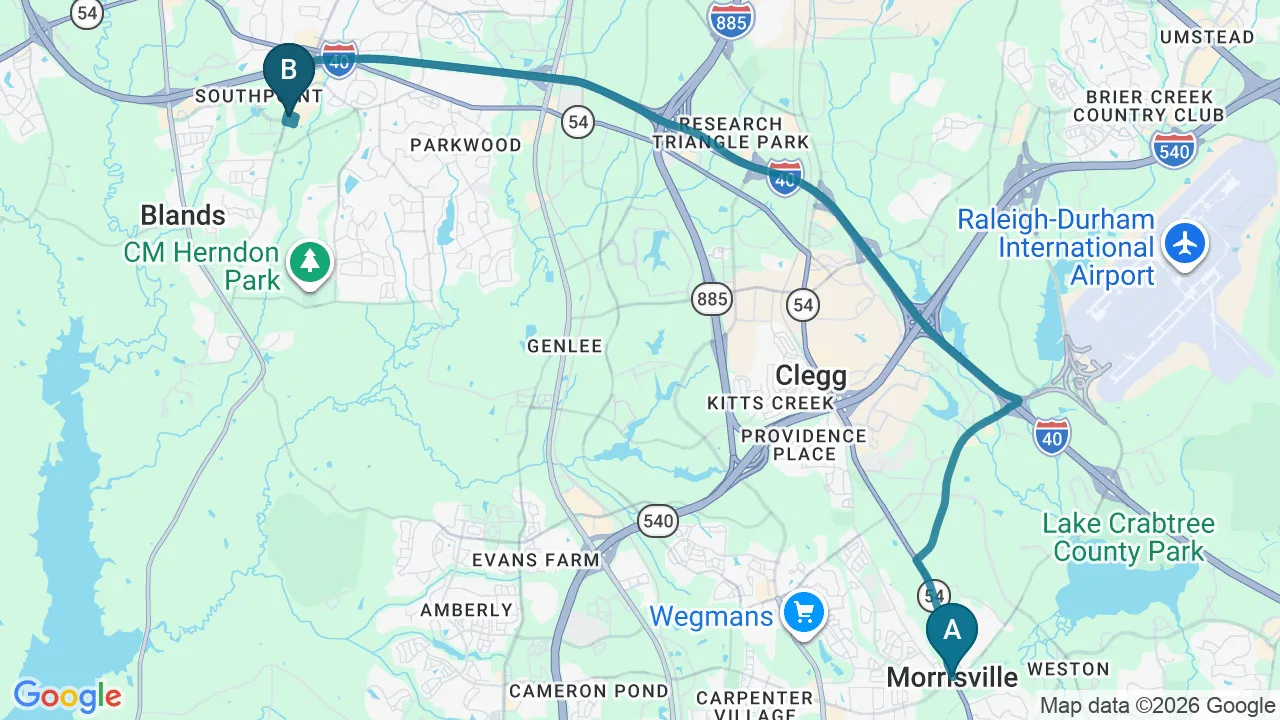 Driving directions map from Morrisville, NC to Complete Chiropractic Sports & Wellness in Durham