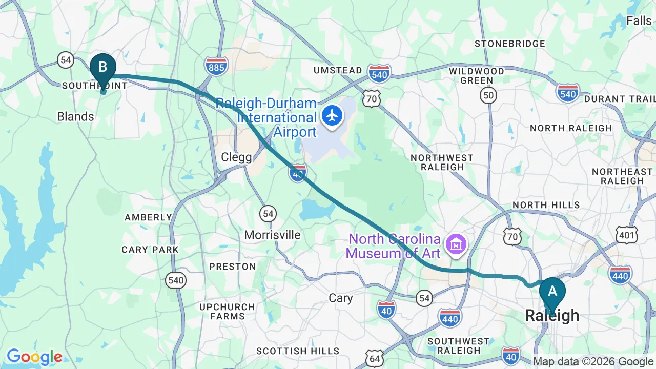Driving directions map from Raleigh, NC to Complete Chiropractic Sports & Wellness in Durham