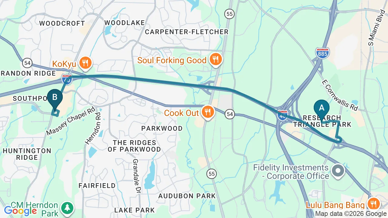 Driving directions map from Research Triangle Park, NC to Complete Chiropractic Sports & Wellness in Durham