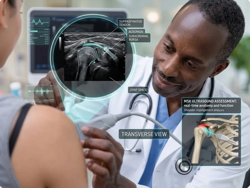 Illustration of a shoulder MSK ultrasound assessment showing the supraspinatus tendon, acromion, and subacromial bursa
